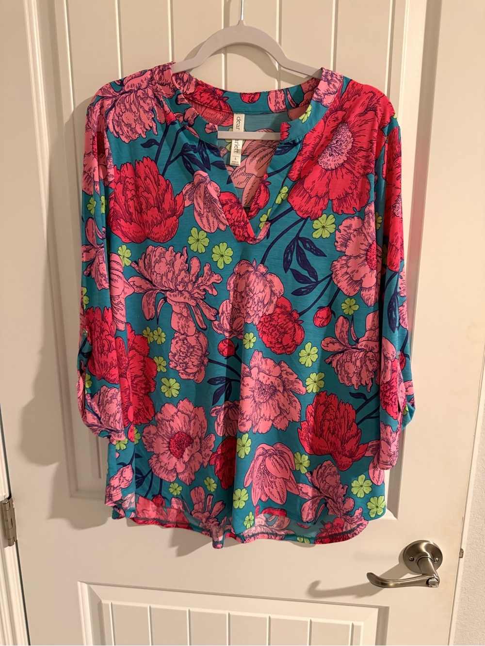 Dear Scarlett Floral Top Women’s Large Teal Pink Coral Long Sleeve Blouse